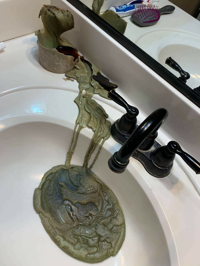 Melted candle wax destroyed bathroom sink after being forgotten