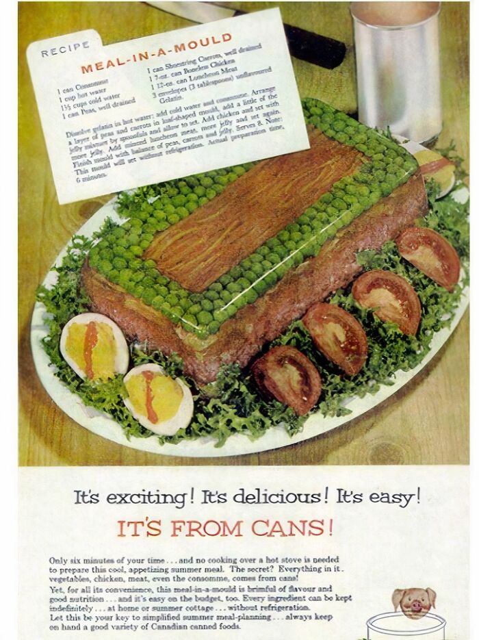 An old recipe advertisement for a Meal-in-a-Mould with peas, eggs, and tomatoes, showcasing disgusting food.