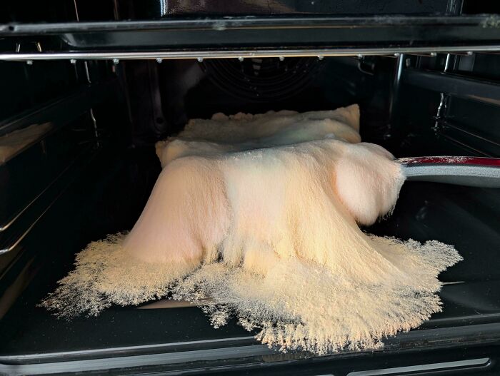 A baking dish with forgotten food overflowing in an oven, ruining the entire day.