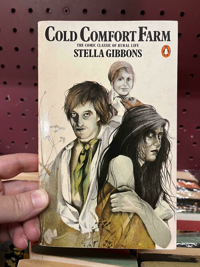 Hilariously unhinged book cover for Cold Comfort Farm featuring eerie illustrated characters.