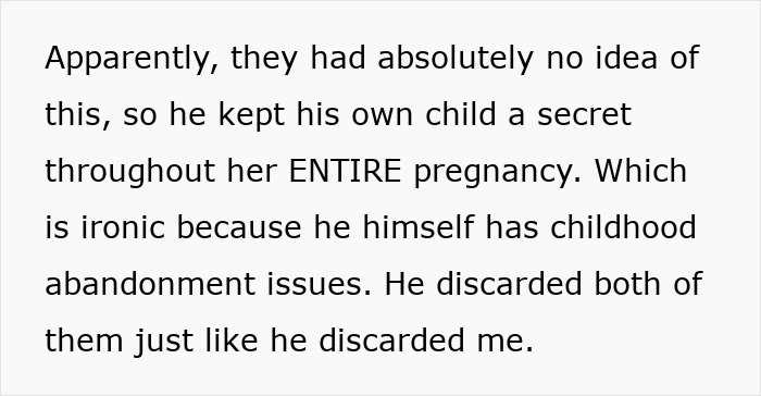 Man hides baby from family, ex tells them. Screenshot of text about him keeping the baby a secret during the entire pregnancy.