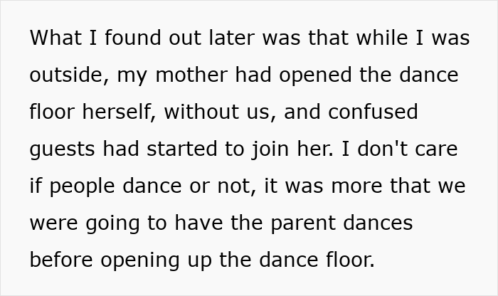 Mom taking over daughter's wedding dance floor by opening it herself before planned parent dances.
