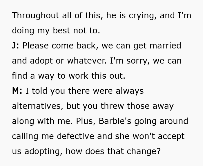 Screenshot of a text conversation where M explains future mother-in-law calls her defective and won't accept adoption.