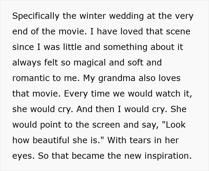 Text referencing a winter wedding scene as inspiration, connected to a woman's scary fixation over a groom.