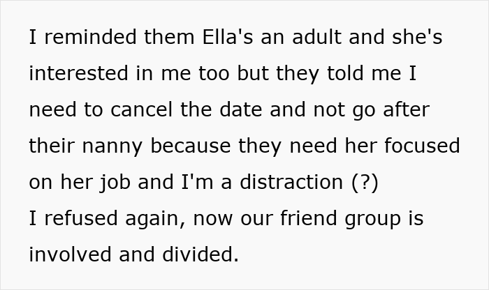 Text about the friend telling the dark truth after being told not to pursue their nanny.
