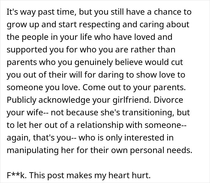 Text about woman in shock, husband decided to transition and help hide she's lesbian, criticizing her manipulation. Text about woman in shock, husband decided to transition and help hide she's lesbian, criticizing her manipulation.