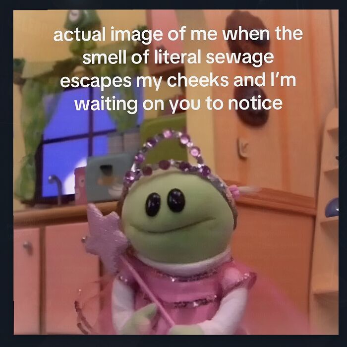 A weird meme showing a green puppet in a pink dress and a wand, with text about the smell of sewage.