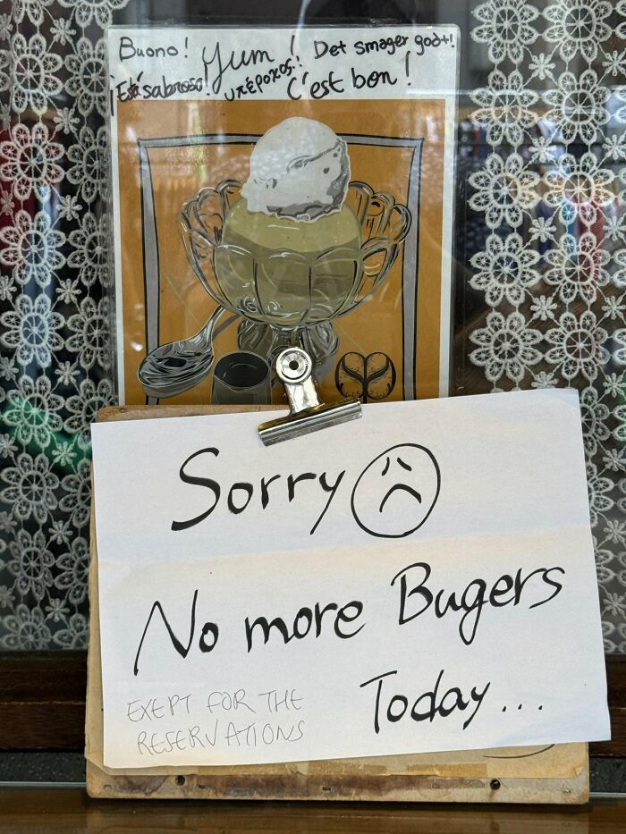 A handwritten sign saying Sorry No more Bugers Today. Hilarious examples of getting lost in translation in Japan.