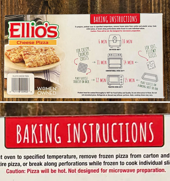 Ellios Cheese Pizza box with baking instructions, showcasing hilariously dumb warning labels.