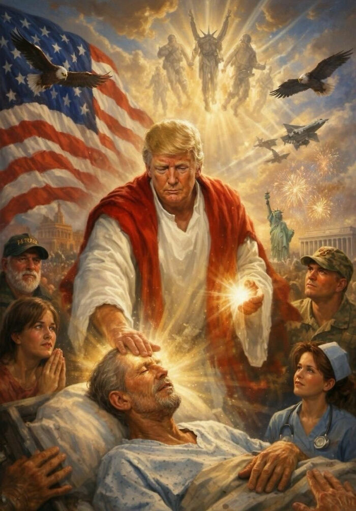 Trump portrayed as a divine figure, healing a man, from an unhinged video diagnosing celebrities. Trump portrayed as a divine figure, healing a man, from an unhinged video diagnosing celebrities.
