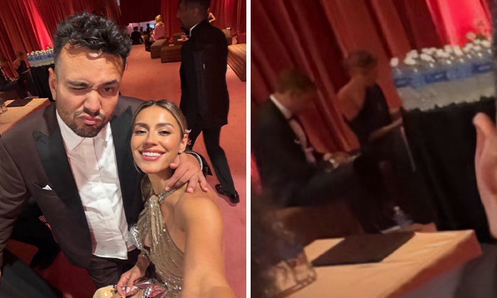 Leaked photos of Taylor Swift and Travis Kelce's wedding guests, one selfie and another of a couple in background.