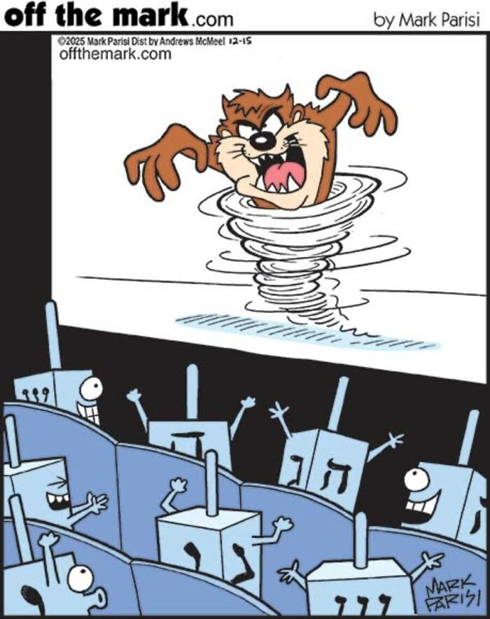 Funny one-panel comic by Mark Parisi: Dreidels watching the Tasmanian Devil spin, making viewers smile.