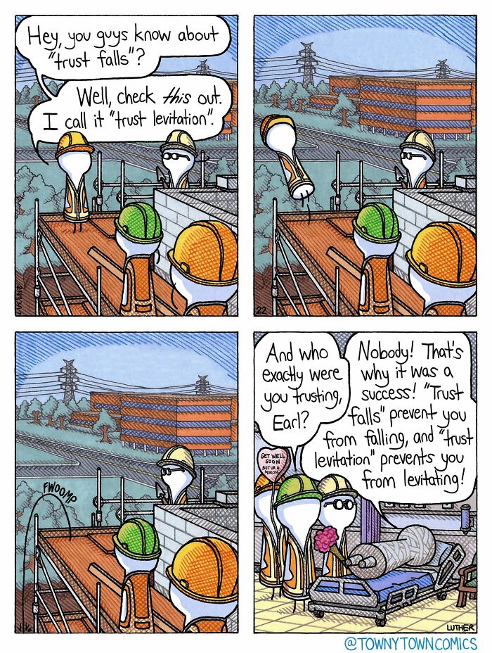 A Towny Town Comic showing construction workers performing a 'trust levitation' prank on a colleague in the US Midwest.