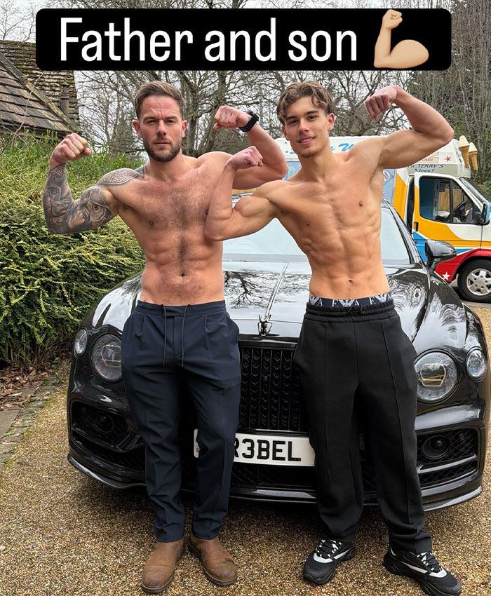 Controversial father-son adult content creators flexing muscles in front of a luxury car, raising eyebrows. Controversial father-son adult content creators flexing muscles in front of a luxury car, raising eyebrows.