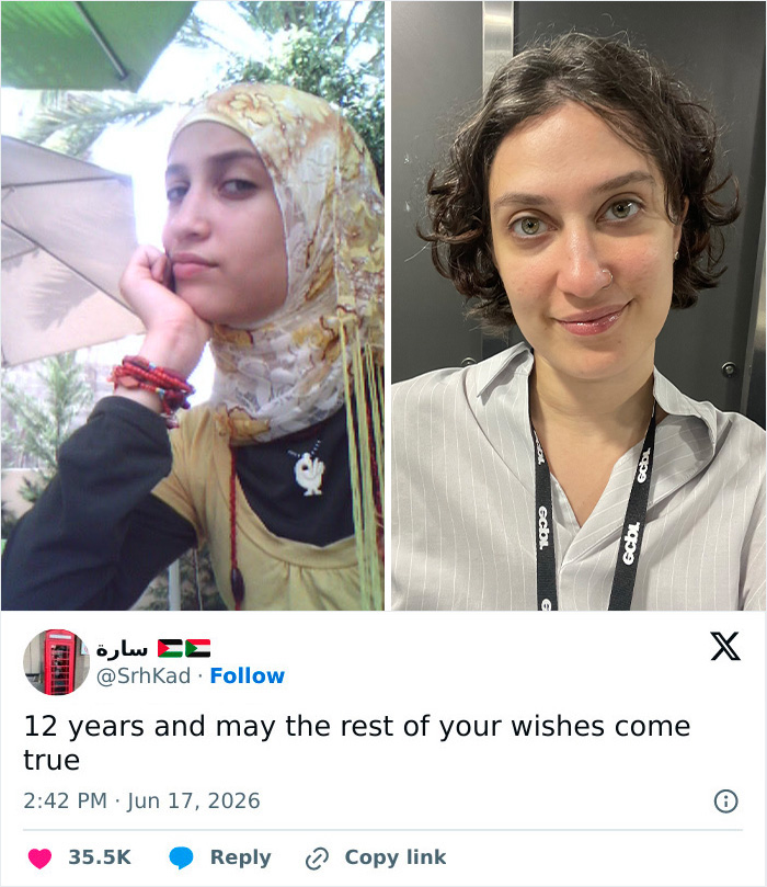 A side-by-side comparison of a young woman in a hijab and an older woman without a hijab smiling.