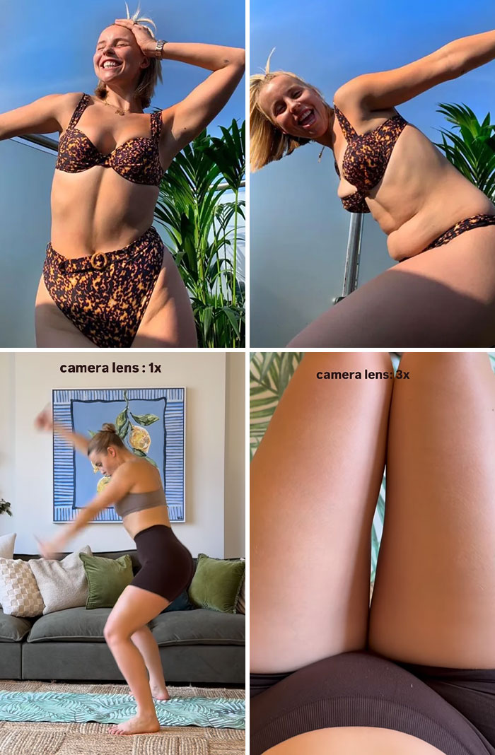 Influencer demonstrating Instagram vs reality scenarios with camera lens differences, promoting body positivity.