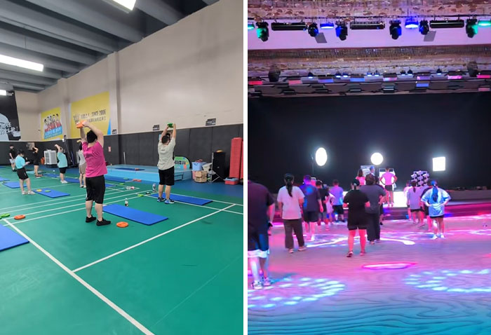 Attendees at a Chinese fat camp exercising indoors and outdoors as part of a before-and-after transformation. Attendees at a Chinese fat camp exercising indoors and outdoors as part of a before-and-after transformation.