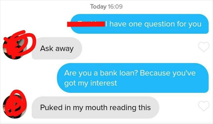 Absurd screenshot of a dating app chat with a cheesy pickup line and a negative reaction.