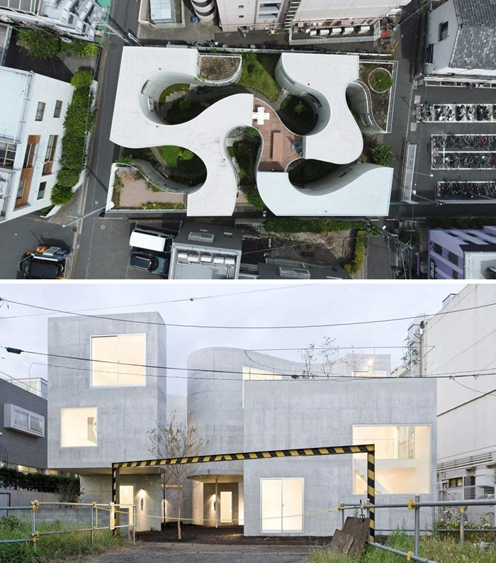 An aerial view and a street-level view of an amazing modern architecture design with an unusual, curvy white roof and concrete facade.
