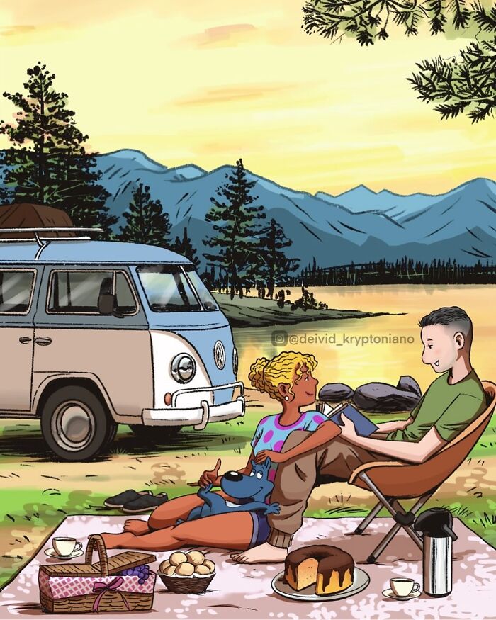 An artist's reimagining of Doug Funnie and Patti Mayonnaise as adults, camping by a lake with their dog and a vintage van.