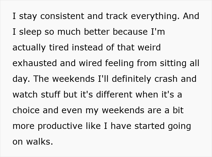 Text snippet explaining a simple trick for a changed life: consistency, tracking, better sleep, and productive weekends.
