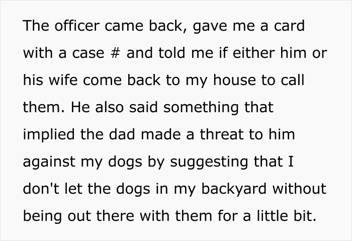 Text about the police officer's warning regarding threats against dogs, central to the dog owner's nightmare. Text about the police officer's warning regarding threats against dogs, central to the dog owner's nightmare.
