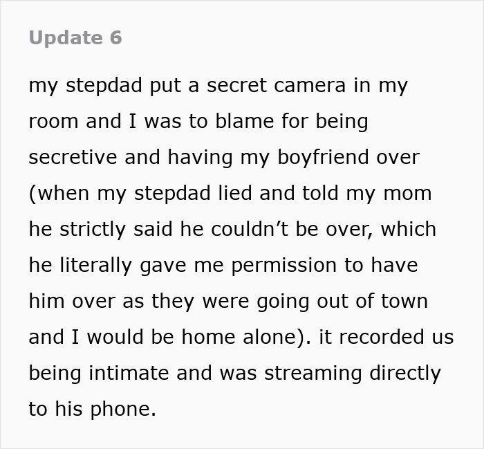 Text detailing how a step-dad installed a spy camera in a room to record a stepdaughter and her boyfriend. Text detailing how a step-dad installed a spy camera in a room to record a stepdaughter and her boyfriend.
