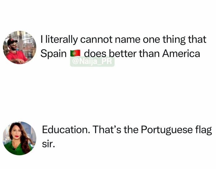 A tweet exchange where one user mistakes the Portuguese flag for Spain's, illustrating America's cultural decline into idiocy.