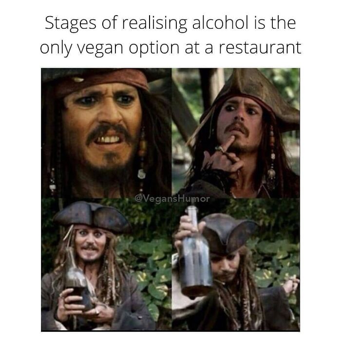 Hilarious vegan meme featuring Captain Jack Sparrow reacting to alcohol being the only vegan option, showing vegan humor.