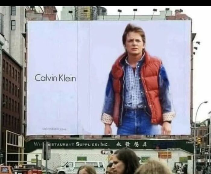 A Gen X meme featuring Marty McFly from Back to the Future on a Calvin Klein billboard.