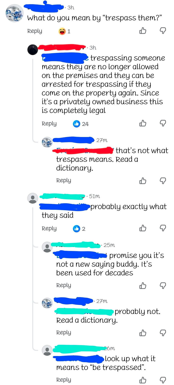 A conversation on social media where a know-it-all attempts to correct the definition of trespass.