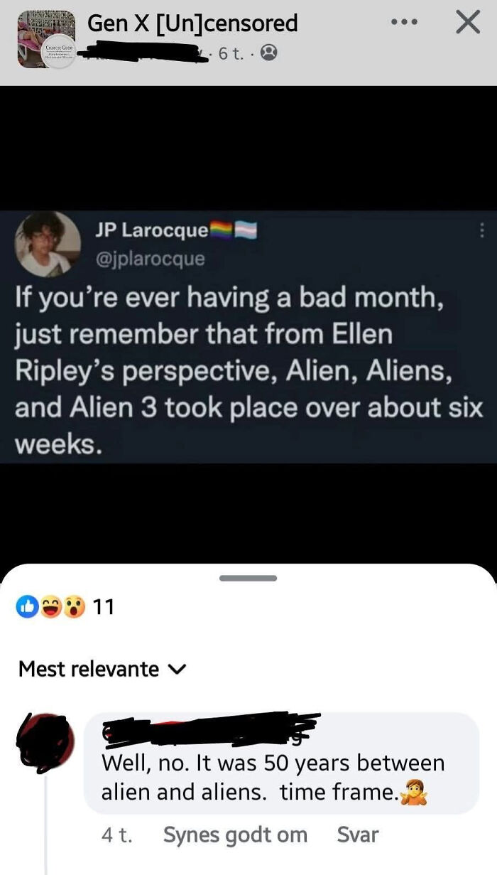 A know-it-all corrects a timeline for the Alien movie franchise, proving they didn't check facts.
