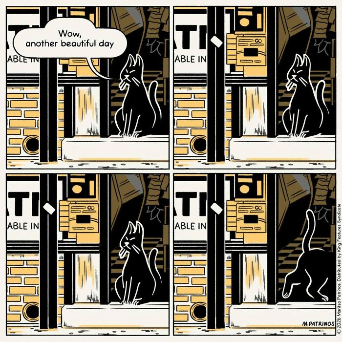 A comic strip shows a cat with a job, enjoying a beautiful day then stretching as part of its responsibilities.