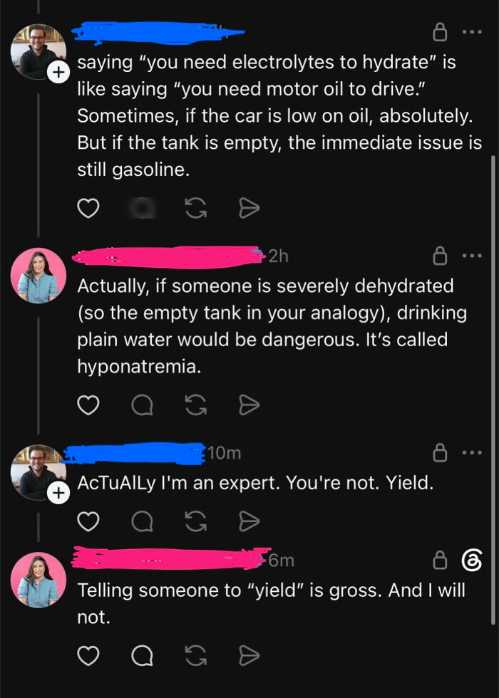 A social media discussion showcasing know-it-alls correcting someone about hydration and medical advice.