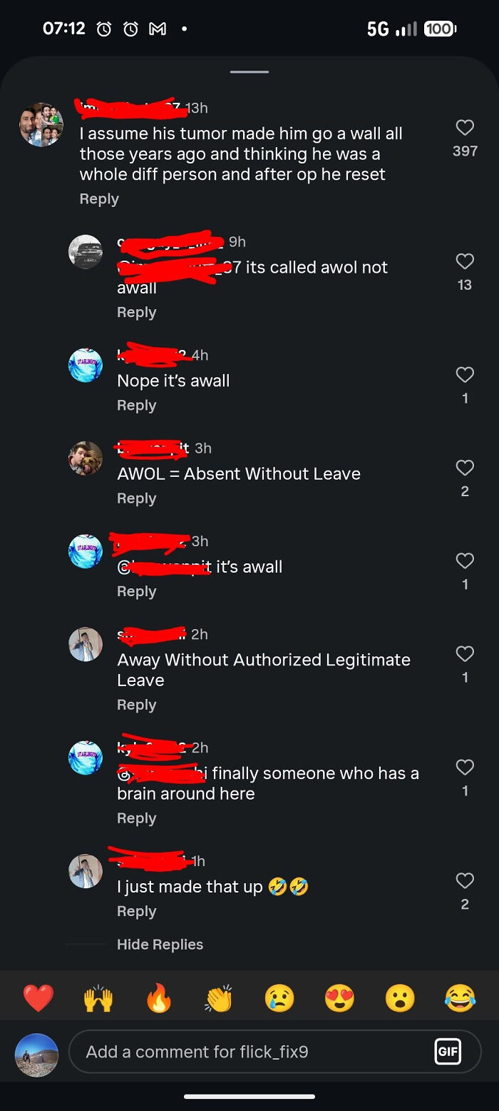 A know-it-all corrects a user's spelling of AWOL, only for the original user to admit making it up.