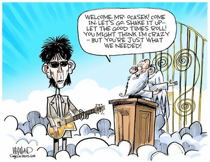 Dave Whamond cartoon shows a pop culture icon, Ric Ocasek, entering heaven.