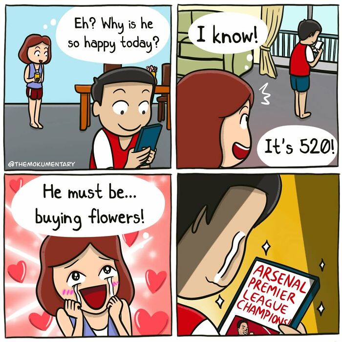 A Mokumentary comic illustrates a woman misunderstanding her partner's joy for Arsenal's football championship.