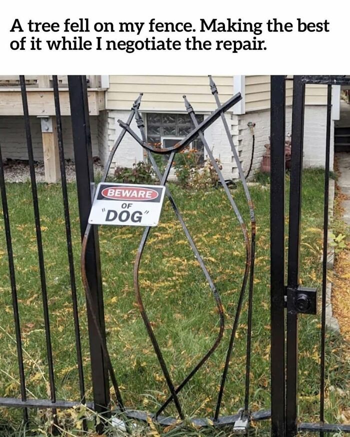 Funny dog memes: A bent metal fence with a Beware of Dog sign, humorously damaged after a tree fell.
