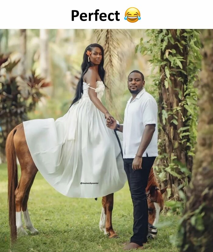 A couple posing outdoors, with the woman sitting on a horse, showing a perfect moment in hilarious posts from Xavier.