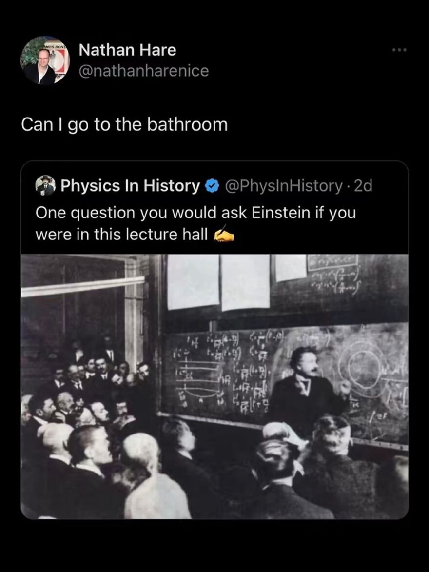 A hilariously unhinged screenshot of a tweet asking if one can go to the bathroom during a lecture about asking Einstein questions.
