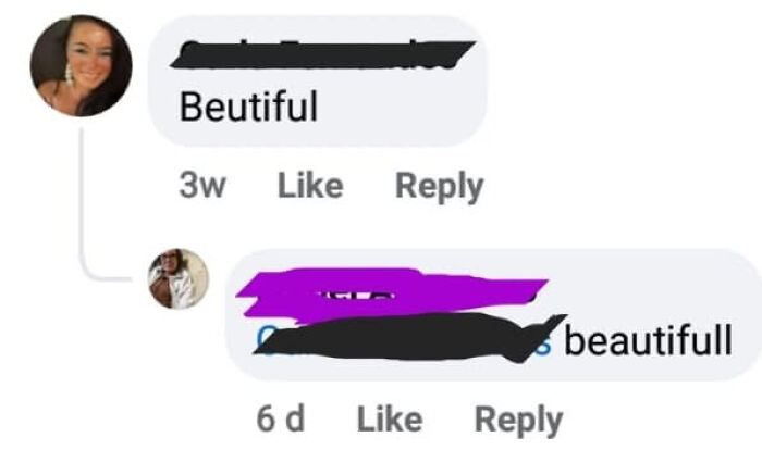 A social media screenshot of a know-it-all correcting the spelling of 'beautiful' to 'beautifull'.