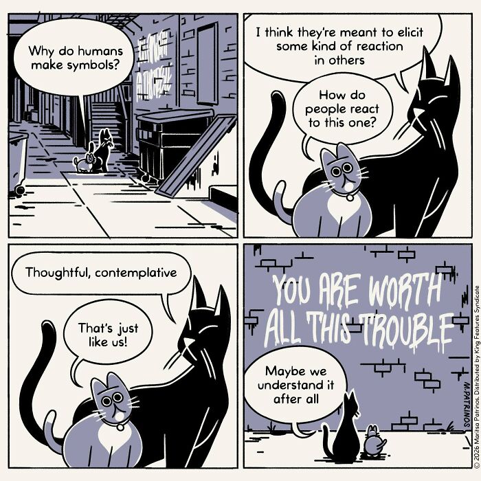A comic imagines cats with jobs, coworkers, and responsibilities, discussing human symbols and their meaning.