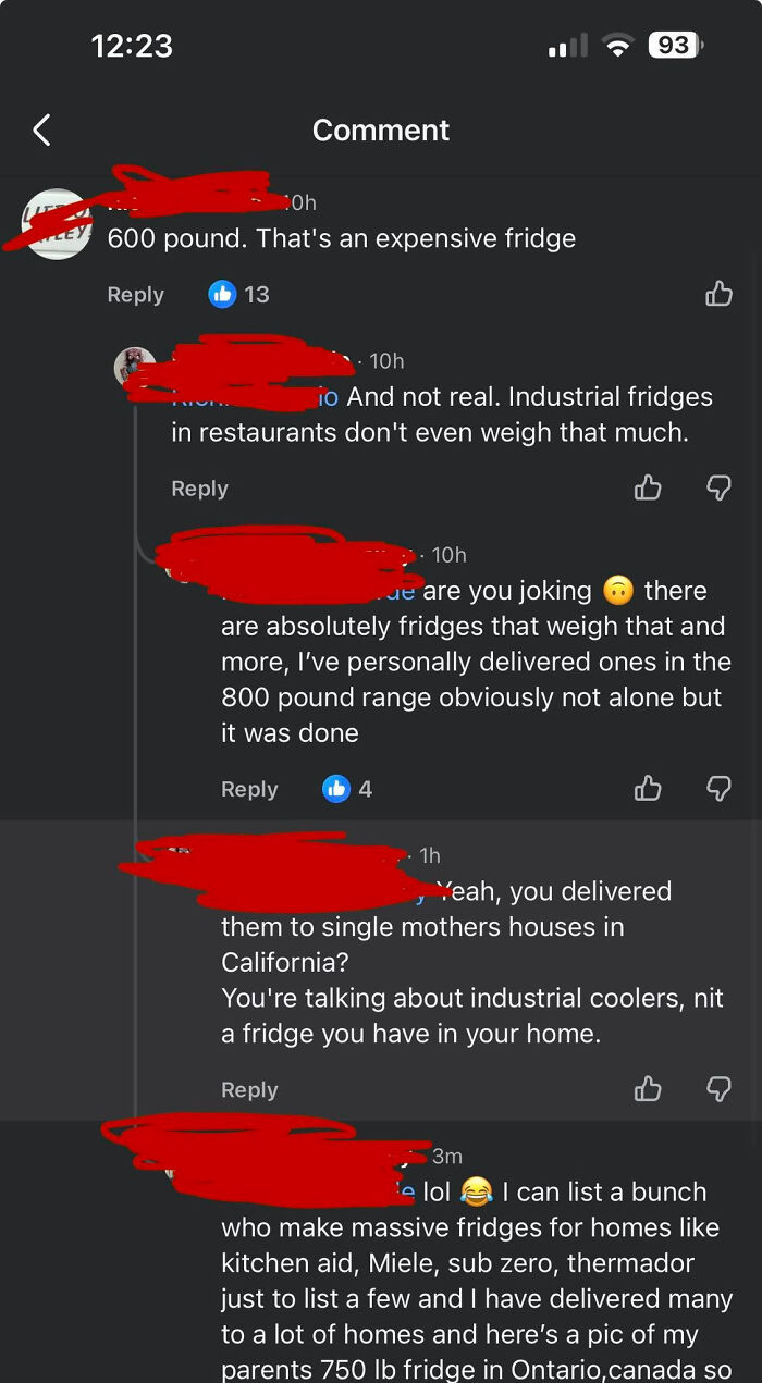 A social media conversation where know-it-alls are corrected about the weight of industrial fridges.