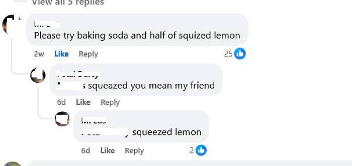 A social media exchange where a know-it-all corrects someone's spelling of 'squeezed' in a comment.