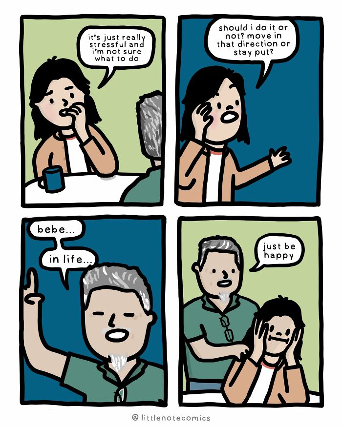 A comic illustrating relationship quirks, where one partner gives unsolicited advice to just be happy.