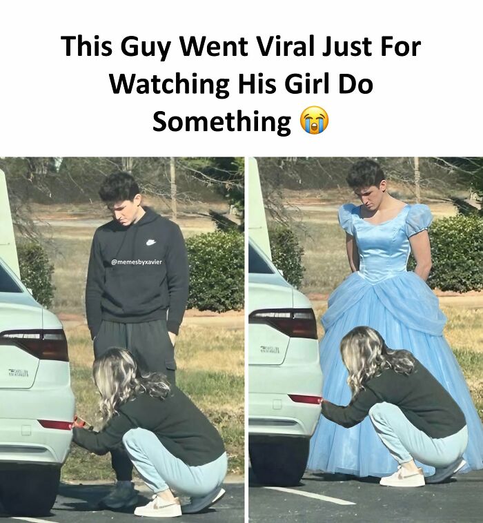 A man watching a woman work on a car, then dressed in a Cinderella gown in hilarious posts from Xavier.