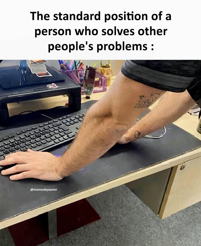 Hilarious post from Xavier: a person leaning over a desk, solving problems, with Xavier's funny caption.