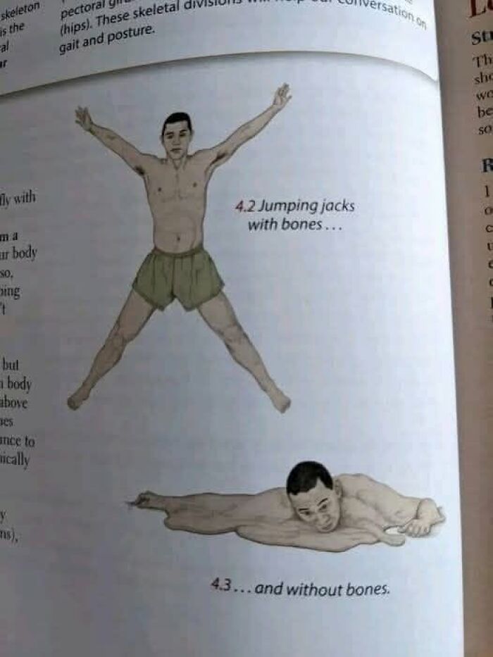 An illustration depicting a jumping jack with bones and a person lying without bones, highlighting cultural decline.