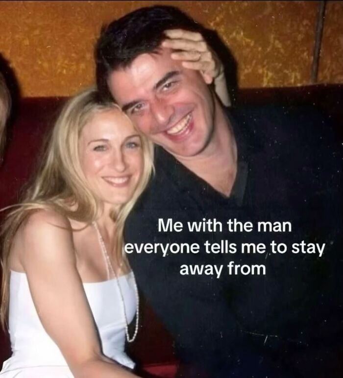 A woman smiles next to a man, a relatable meme about entertaining relationships and staying away from certain people.