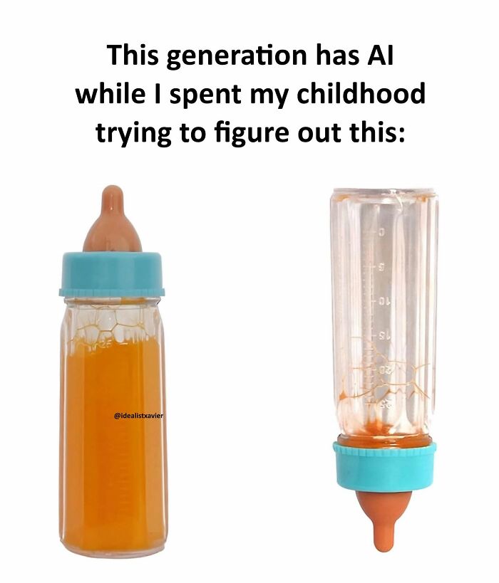 Hilarious post from Xavier: a comparison of a baby bottle toy and Xavier's childhood experience.